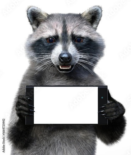 A waist portrait of a smiling raccoon with a smartphone in its front paws, the device offers a horizontal blank white screen as copy space. 3d rendering on transparent background, no AI used