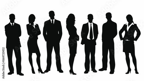 Silhouette of a diverse group of business professionals standing together in formal attire and confident poses
