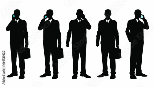 Silhouettes of five businessmen standing talking on their phones and holding briefcases in black