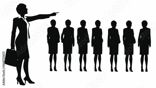Silhouette of business woman pointing with briefcase followed by other business women in a row formation