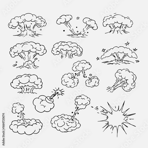 set of hand drawn bombs and clouds explosion with black and white color