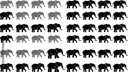 Illustration of a repeating pattern of elephants in black and gray walking to the right side art | editable eps vectors silhouette