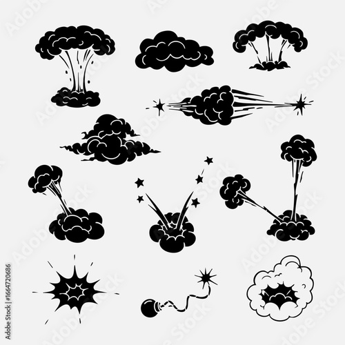 set of hand drawn bombs and clouds explosion with black and white color