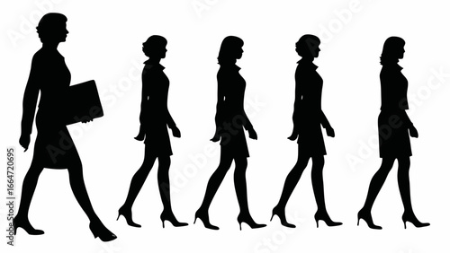 Silhouettes of five businesswomen walking in a row with one holding a briefcase in a professional setting