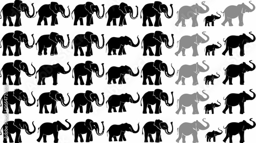 Patterned arrangement of black and gray elephant silhouettes in varying sizes and orientations on white 100 | editable eps vectors