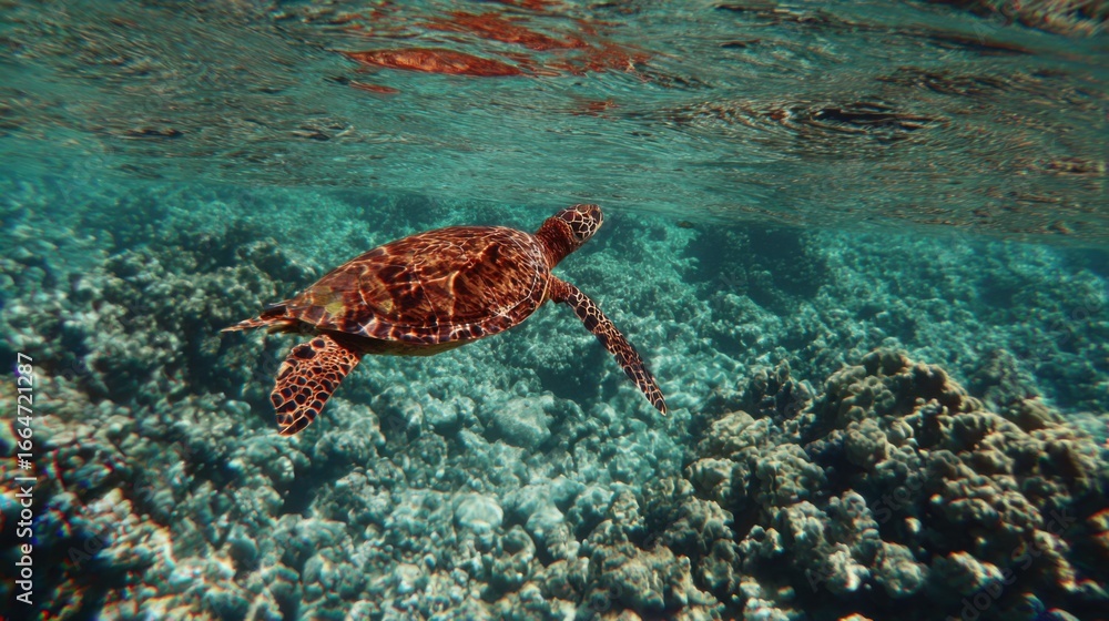 Obraz premium Green sea turtle gliding through clear ocean waters, surrounded by dappled sunlight and coral.