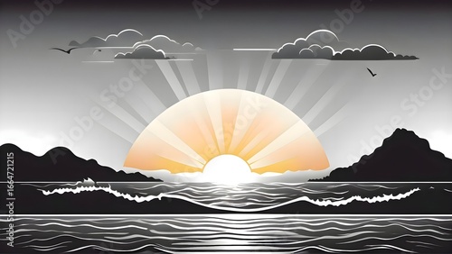 Sunset over the ocean with soft waves and birds flying across the colorful sky creating a tranquil natural seascape in a coastal environment