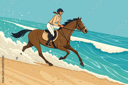 Horseback rider galloping on a sandy beach with waves.