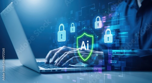Person using a laptop with glowing ai and security icons, representing cybersecurity and data protection