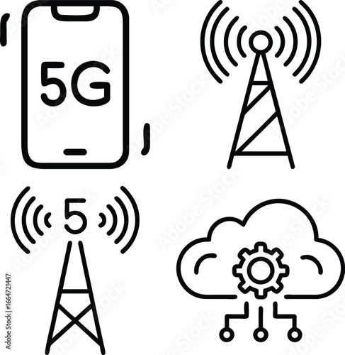 A set of four simple line art icons representing 5G technology, including a smartphone, two cell towers, and a cloud with gears.