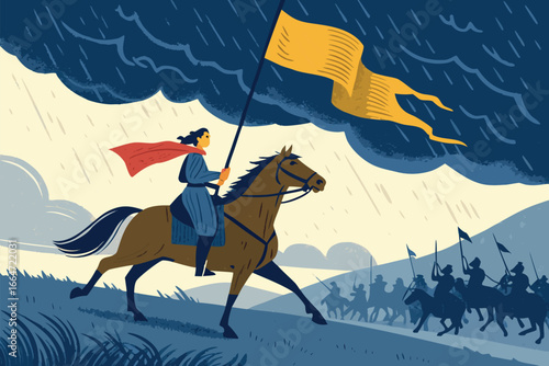 Horseback rider leading cavalry charge with banner.