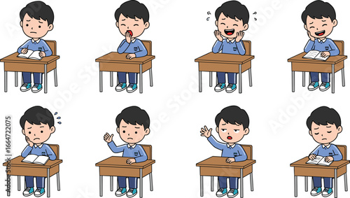 Cartoon schoolboy expressing various emotions while studying in classroom, sitting at desk, showing feelings like happy, sad, confused, surprised, bored