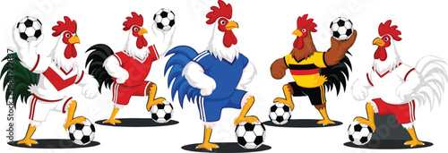 Cartoon roosters in football uniforms representing Germany, Portugal, France, and England with flags and soccer balls, funny sports mascot concept