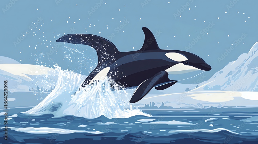Obraz premium Orca leaping, icy landscape