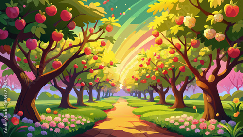 Vibrant springtime orchard glows warmly with lush apple blossoms, branches heavy with color, radiant sunlight weaving between petals, fragrant air carries peace, timeless beauty inspires serenity, har