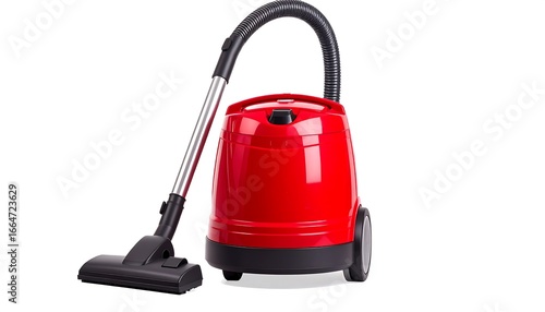 A red canister vacuum cleaner, with a polished finish, is presented on a white background.