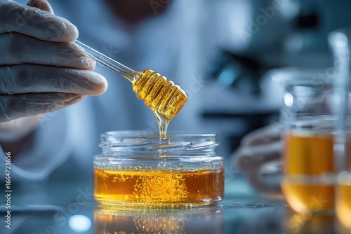 Gloved hand drips honey from dipper into a glass jar, lab setting. Depicts science, medicine, research, or testing honey product quality.