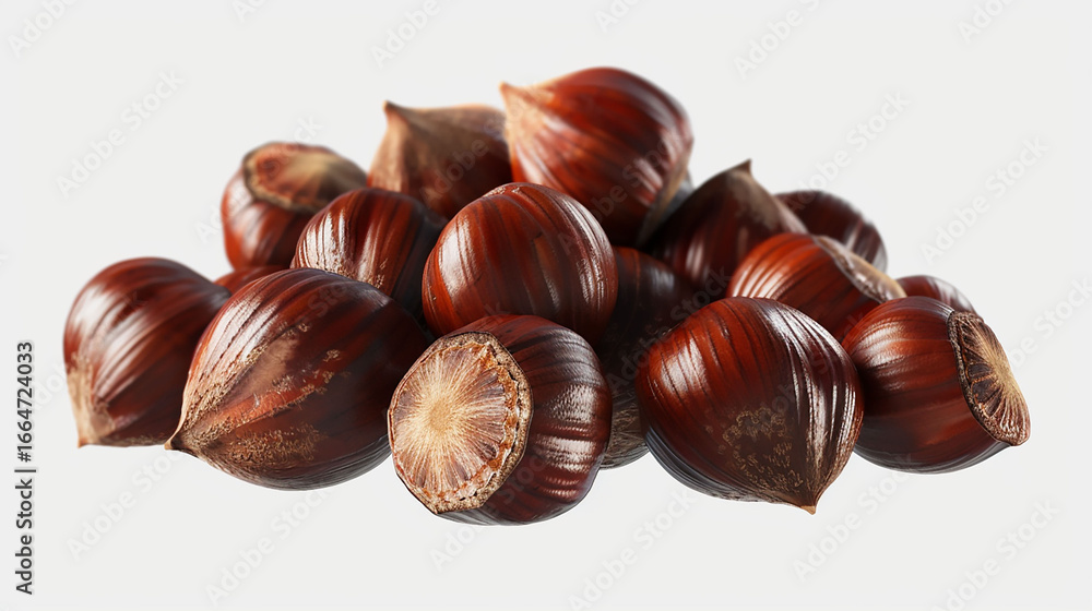 Obraz premium A simple, elegant still-life shot of a small, inviting pile of fresh, glossy brown chestnuts with their unique striped shells, captured against a clean white background.