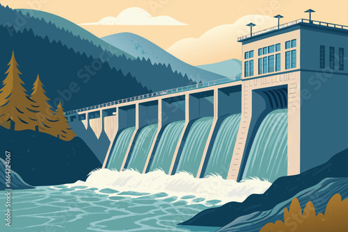 Massive hydroelectric dam releasing powerful water flow through turbines.