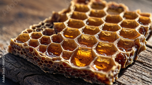 Overhead macro of a honeycomb fragment on rustic wood, wax cells and propolis visible