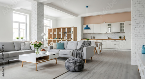 Bright Modern Open-Plan Living Room and Kitchen Interior Design: Neutral Tones, Exposed Brick, and Stylish Furnishings.