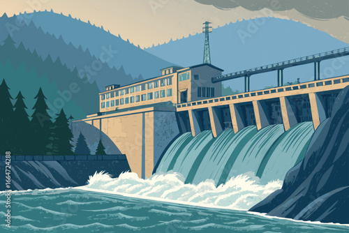 Hydroelectric dam releasing water through turbines.