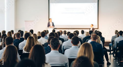 Attentive business audience listening to presentation at modern conference.