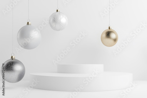 Minimalist White Christmas Background with Silver and Gold Ornaments and Circular Podium. Product Display, Holiday Marketing, Festive Design. Sale, Marketing backdrop, render. Minimalist.