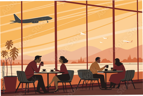 Passengers enjoy drinks and snacks inside a bustling airport cafe.