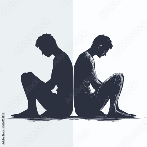 Silhouette of a depressed person sitting on the floor and happy one, vector style simple color