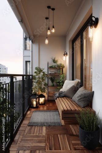 Cozy balcony with wooden furniture and plants
