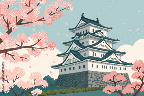Japanese castle framed by beautiful cherry blossoms.