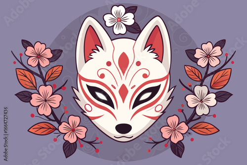Japanese fox mask (Kitsune) with floral decoration.