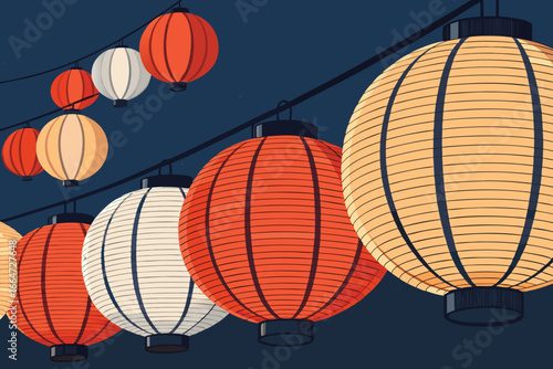 Japanese paper lanterns glowing warmly during a night festival.
