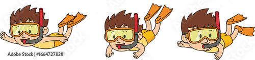 Cartoon boy snorkeling underwater, kids swimming in ocean with snorkel gear, diving mask, fins, bubbles, sea adventure illustration