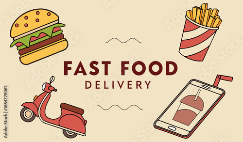 Illustration of fast food items including burger, hot dog, fries, and drink, with a scooter and phone on a beige background with a text "FAST FOOD DELIVERY", delivery concept. Vector illustration.