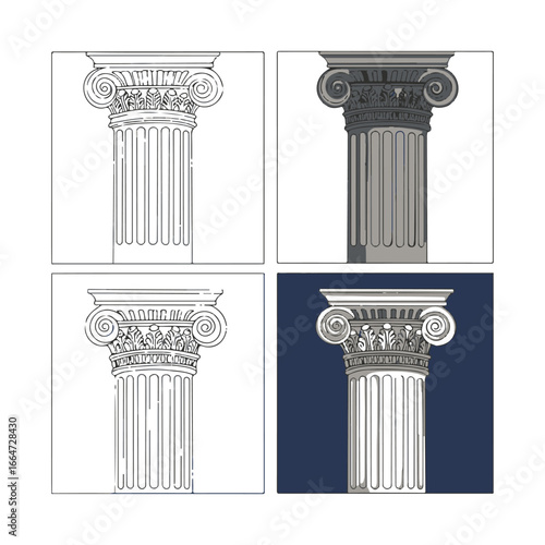 Four Illustrations of Ionic Column Capitals and Shafts in Outline and Shaded Styles classical architecture