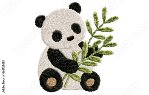 Cute panda embroidered design holding bamboo leaves, showcasing intricate stitching and vibrant colors. This charming artwork captures playful essence of beloved animal, perfect for various