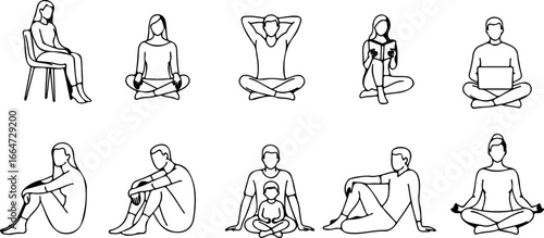 Illustration showing people in various sitting positions including cross legged and on a chair pose