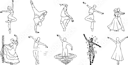 Collection of line art depicting various dance poses and styles in black and white illustration format
