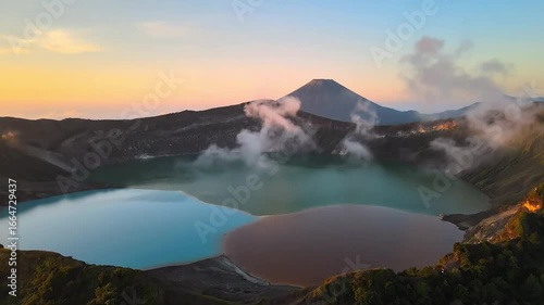Volcanic Sunrise Breathtaking Aerial of Kelimutu Twin Crater Lakes.