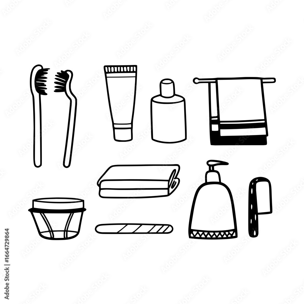 Fototapeta premium Minimilist illustration of bathroom essentials including toothbrushes towels and toiletries in black and white vector