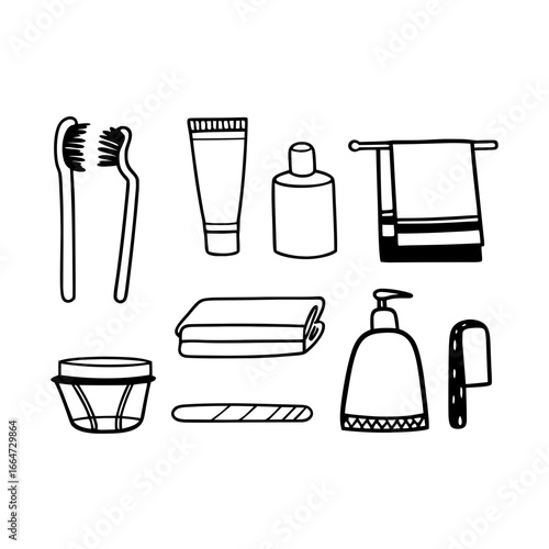 Minimilist illustration of bathroom essentials including toothbrushes towels and toiletries in black and white vector