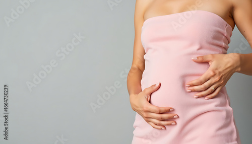 Pregnant woman gently touching belly while wearing pink towel  