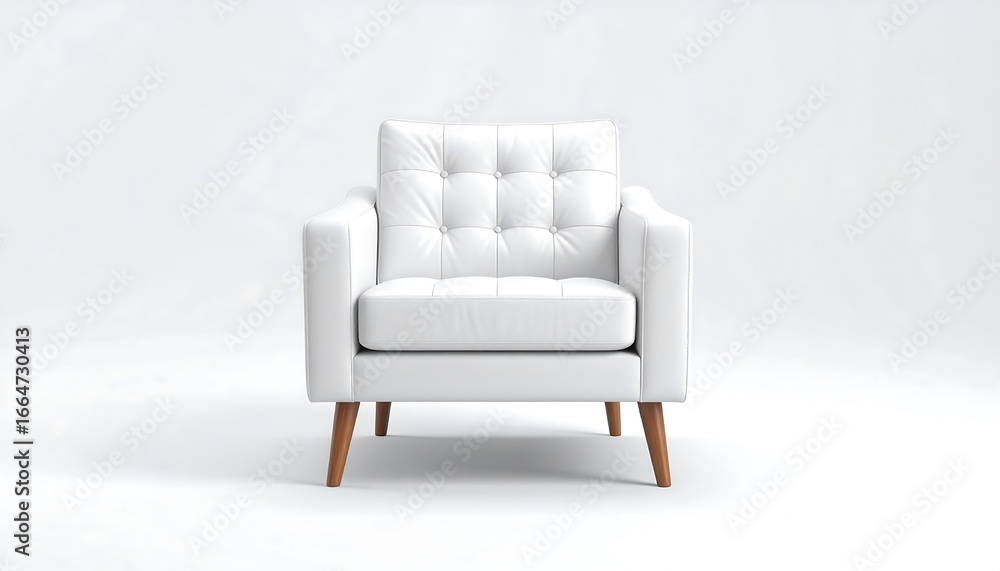 Fototapeta premium A stylish, minimalist white armchair with light wooden legs stands out against a plain white background.