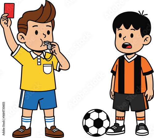 Cartoon soccer referee showing red card, blowing whistle, angry player reacts, kids football match, penalty scene, sports illustration, vector art