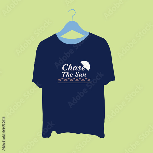 Dark blue tshirt with the words chase the sun on a hanger