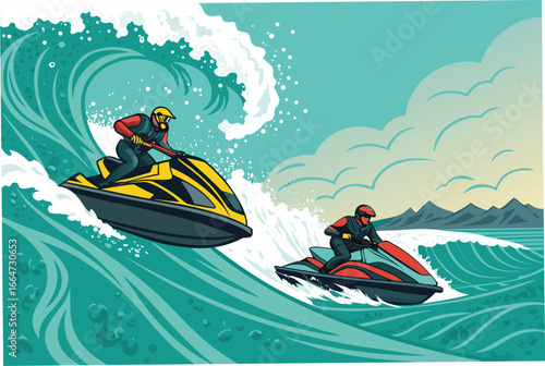 Jet ski race on rough, choppy water with bold outlines.