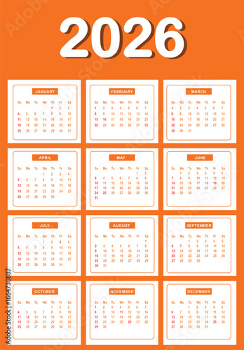 Monthly calendar layout for  Year 2026 . Diary planner for Year 2026 . Week Starts on Sunday.  