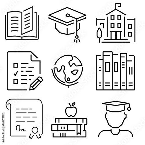 Education Line Icons Set. Education simple minimal thin line icons. Related student, academy, school, college. Editable stroke. Vector illustration.